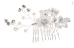 Hårkam: Smuk hårkam hvid/sølv blomster med sten og perler, mellemstrørrelse 